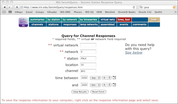Screenshot of the SeismiQuery response page