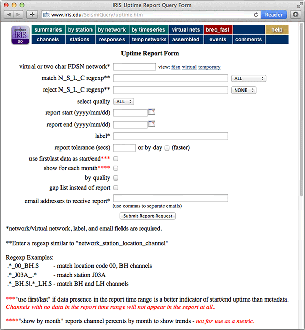 Screenshot of the uptime report form