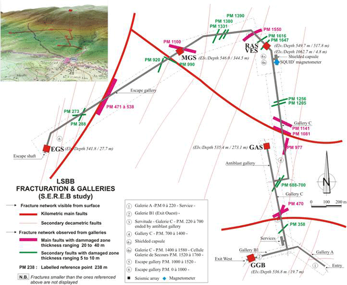 Map of galleries and positions of seismometers
