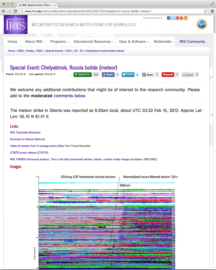 Figure 1 - Screenshot of the Russian bolide special event page