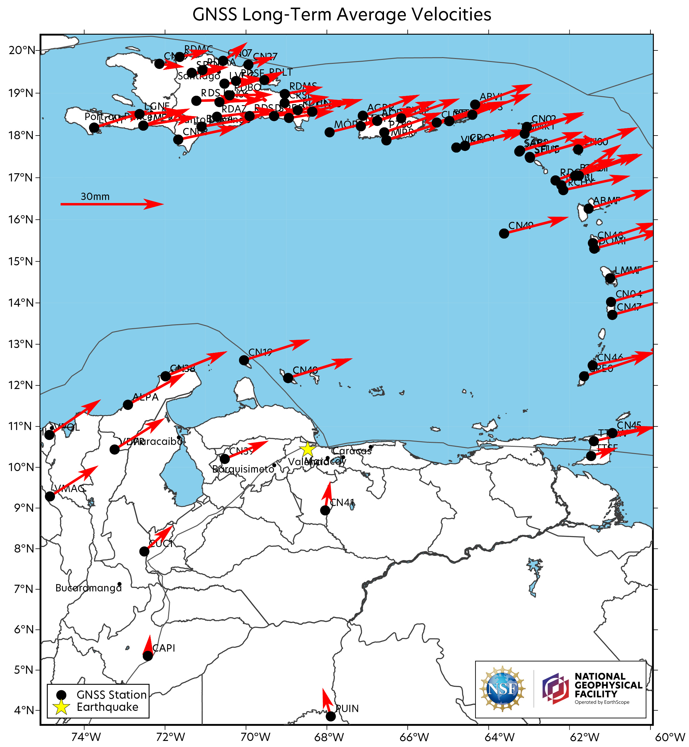 Map of area around the earthquake with arrows showing velocity of motion to the northwest measured by GNSS stations.