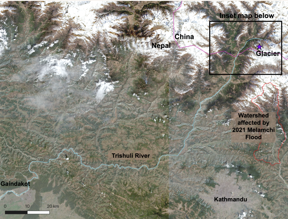 Overview of region affected by the Bhote-Koshi Trishuli Flood. Black box marks the zoomed in region in the figure below where the flood initiated (purple star). Pink line is the China/Nepal border. Red outline is the watershed affected by the 2021 Melamchi Flood. 