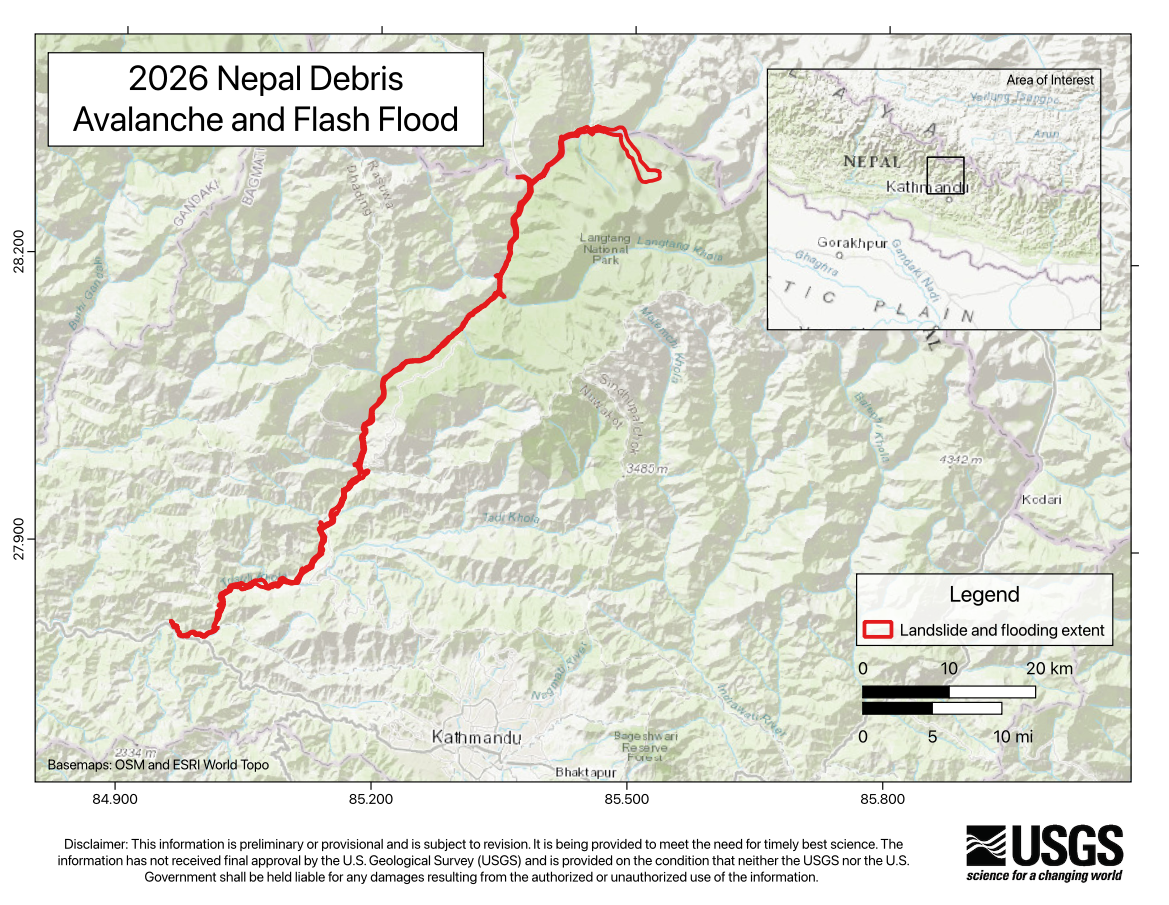 Map of the landslide and flooding extent of the 2026 Nepal Debris Avalanche and Flash Flood.