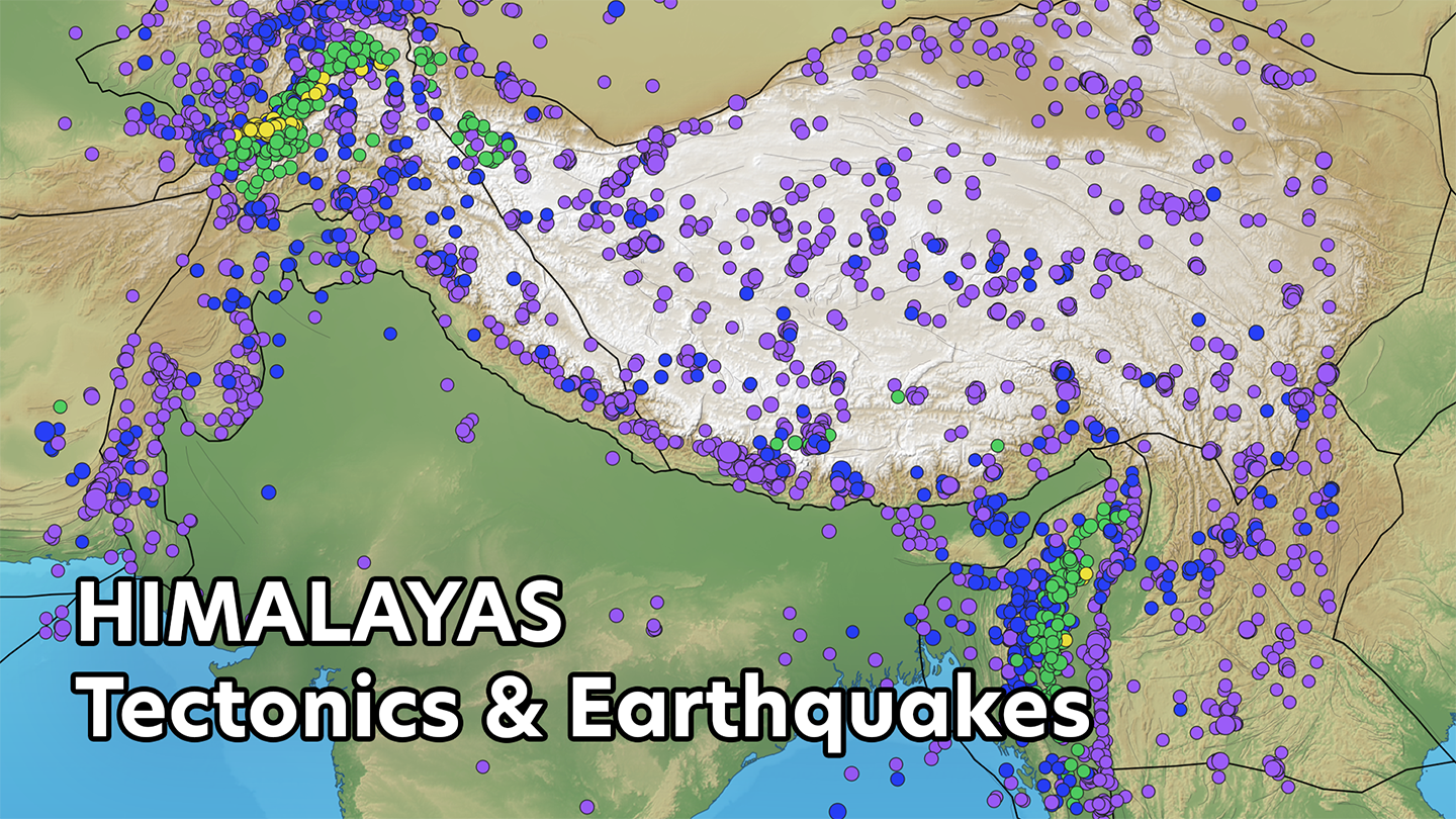 Video thumbnail showing topography of Himalayan region overlain with map of earthquake occurrences