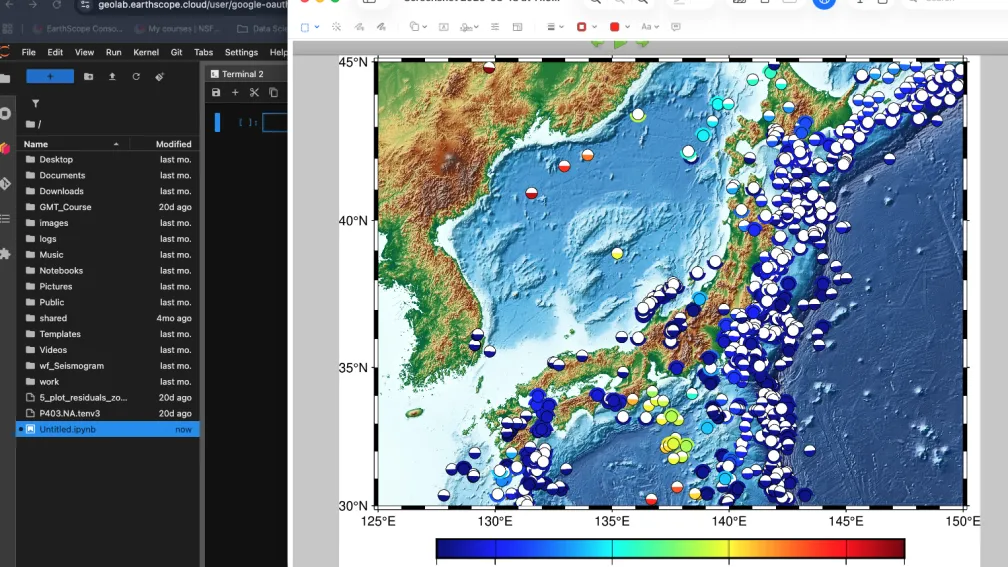 GMT map of Japan with earthquakes plotted as circles colored by depth, with blue being shallow and red being deeper.