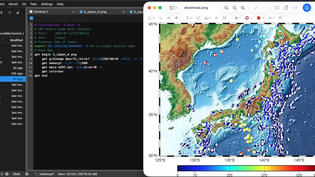 GMT map of Japan with earthquakes plotted as circles colored by depth, with blue being shallow and red being deeper.