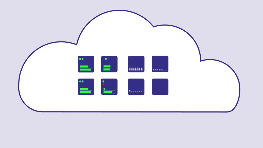 Illustration of cloud computing and storage inside the outline of a white cloud.