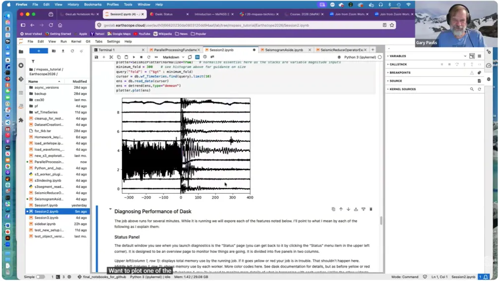 Screenshot of Zoom call, with Gary Pavlis showing an open Jupyter notebook.