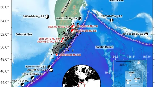 A locational map using topographic and bathymetric data to depict the region affected by the 2025 Kamchatka earthquake. Topography is in shades of green and brown, and bathymetry is in shades of blue and white.