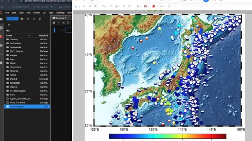 GMT map of Japan with earthquakes plotted as circles colored by depth, with blue being shallow and red being deeper.