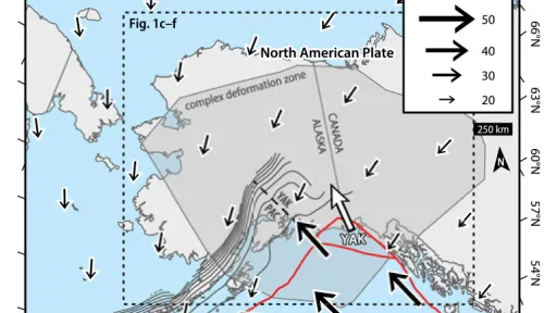 Map of Alaska showing plate motion directions.