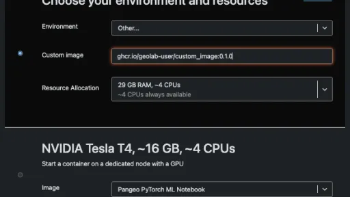 Screenshot of JupyterHub server selection step where a custom image path can be entered.