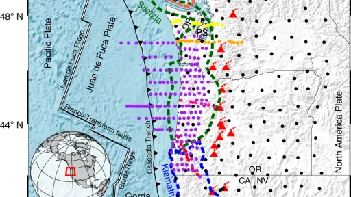 map of the Pacific Northwest showing instrument site locations