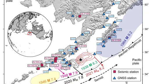 Map of the Aleutian Megathrust zone with GPS stations shown with blue triangles and seismic stations shown with red squares.