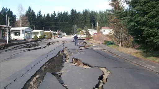 Road damage due to liquefaction from the 2001 Nisqually Earthquake in Thurston County, Washington.