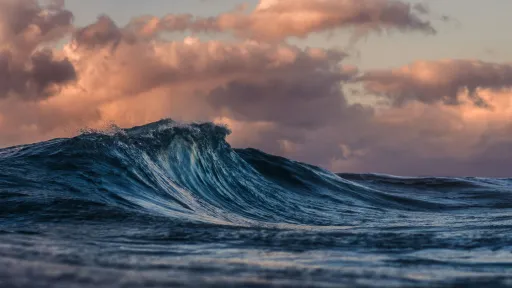 a gentle wave begins to crest, clouds and sunset in the sky behind