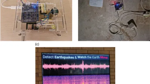 three images showing a Raspberry Shake seismometers and a display on a wall showing data