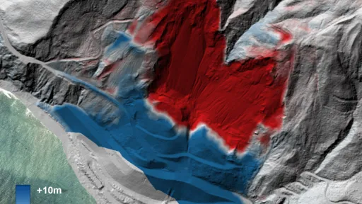 topographic differencing of a landslide in Big Sur, CA with eroded areas shown in red and areas of deposition shown in blue