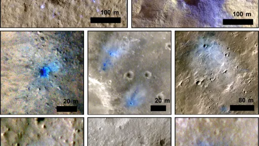 Multi-paneled images of craters from an aerial perspective. The craters are false-colored so that some debris ejecta appear blue or purple. Scale bars denote the diameter of craters, which appear between 20 meters and 200 meters. 