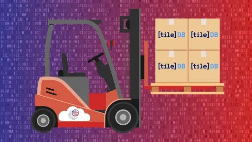 an artistic illustration shows a forklikft with the an EarthScope cloud logo on it carrying boxes labeled TileDB, against a background of ones and zeroes
