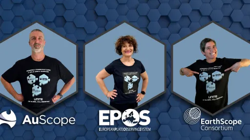 photos of the three CEOs wearing matching black t-shirts within blue hexagon graphics, with each organization's logo beneath them