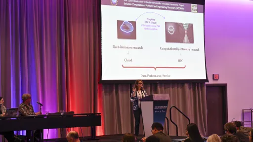 A speaker at a lectern with slides on the projector screen behind them.