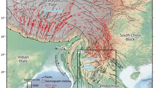 Map of South Asia including plate boundaries and faults.