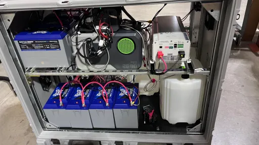 Open view of a similar rugged enclosure displaying the DAS power system components from another angle. Multiple blue battery units are lined up along the bottom, with power electronics, cables, and a compact generator or inverter unit arranged on the shelf above.