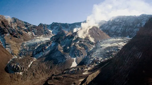 The crater of Mount St. Helens with a resurgent dome, fumarole, and glacier. 