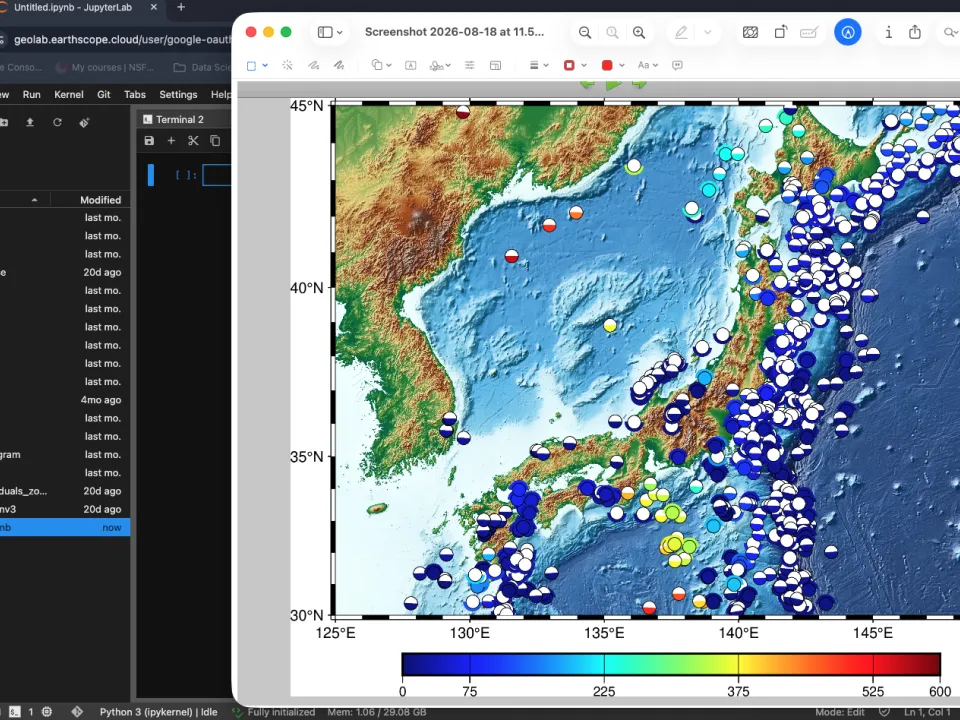 GMT map of Japan with earthquakes plotted as circles colored by depth, with blue being shallow and red being deeper.