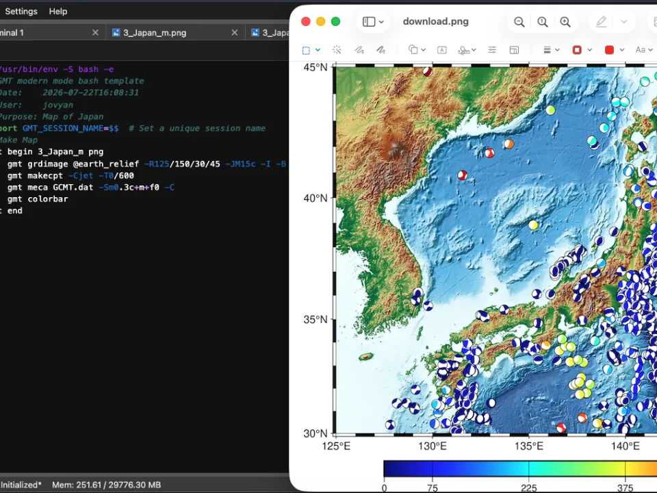 GMT map of Japan with earthquakes plotted as circles colored by depth, with blue being shallow and red being deeper.