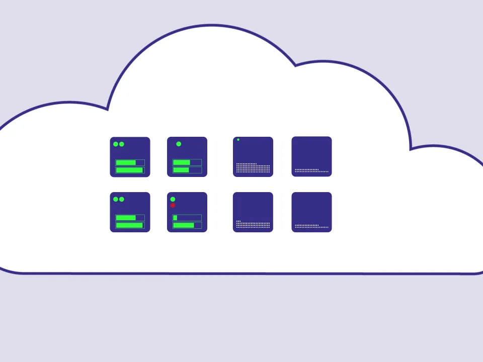 Illustration of cloud computing and storage inside the outline of a white cloud.