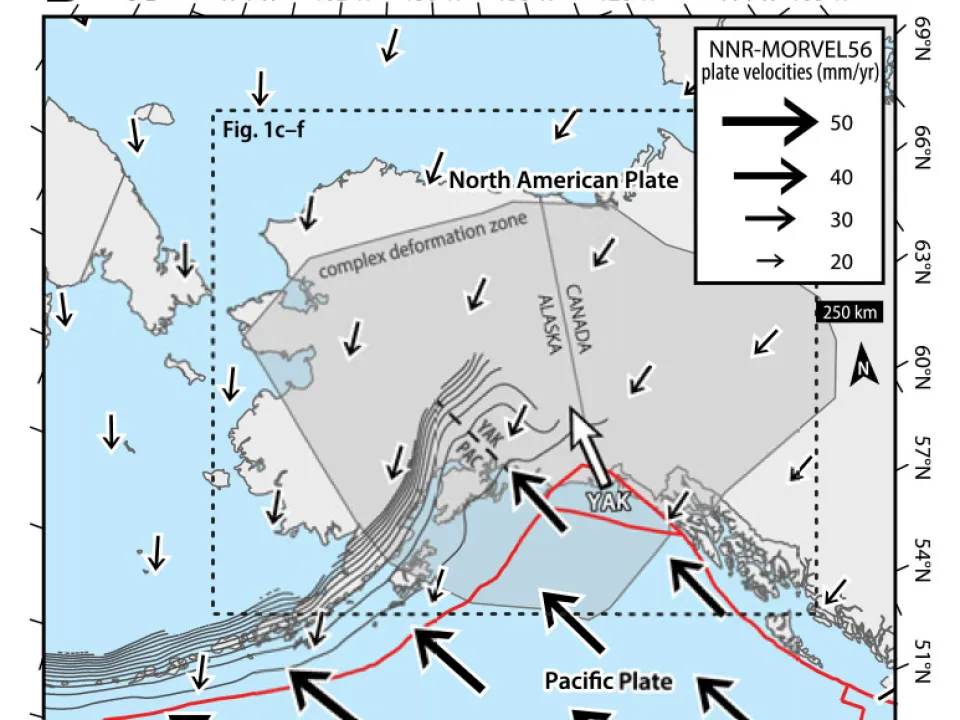 Map of Alaska showing plate motion directions.
