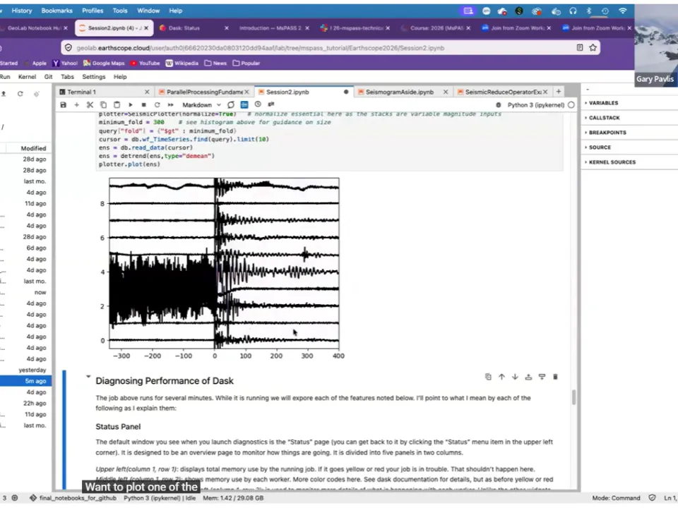 Screenshot of Zoom call, with Gary Pavlis showing an open Jupyter notebook.