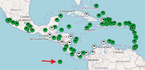 Map of NOTA stations in Mexico, Central America, and the Caribbean. An arrow points to the ISCO station off the coast of Costa Rica. 