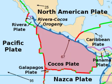 Map of the tectonic plates off of the west coast of Central America. The Cocos plate is highlighted with a convergent boundary along its north edge. 