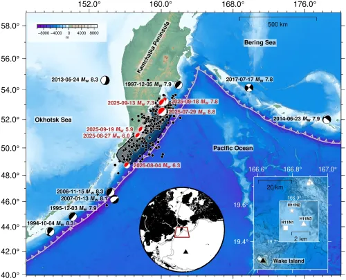 A locational map using topographic and bathymetric data to depict the region affected by the 2025 Kamchatka earthquake. Topography is in shades of green and brown, and bathymetry is in shades of blue and white.