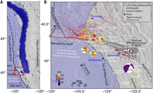 Two map figures showing tectonic features and earthquake locations.