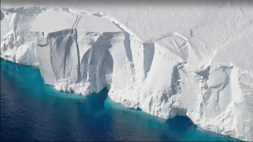 An image of the edge of the Antarctic Ice Sheet as it touches clear, blue water. A large chunk of the ice sheet appears to be breaking off.