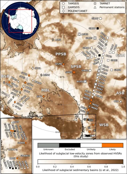 A paper figure showing locations of seismic stations used in the study, with the symbols color-coded orange (if deemed "likely" to sit above an interface zone), white (if "unlikely"), or grey (if "unknown"). Stations excluded from the study have black symbols. The background map is colored white-to-brown, with increasing brown color signifying a higher likelihood of a major sedimentary basin.