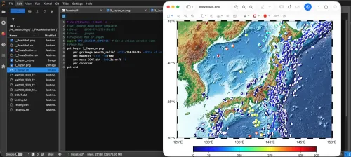 GMT map of Japan with earthquakes plotted as circles colored by depth, with blue being shallow and red being deeper.