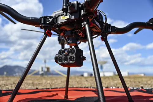 Close photo of the multi-spectral camera loaded on the drone.