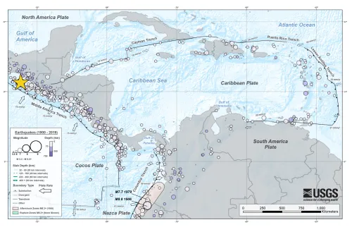 Map of plate boundaries and historical earthquakes around the region.