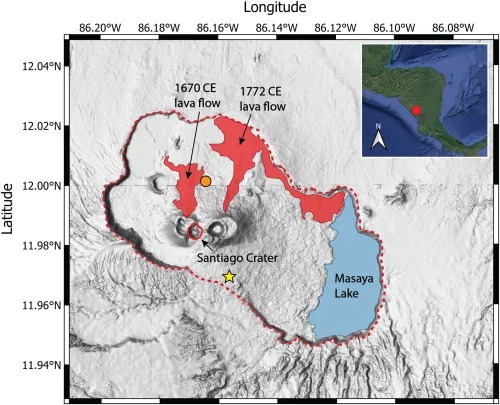 A map showing the location of Masaya in Central America and the landscape of the caldera complex.