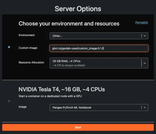 Screenshot of JupyterHub server selection step where a custom image path can be entered.
