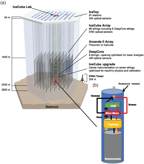 Schematic diagram of the IceCube Observatory's underground sensors. 