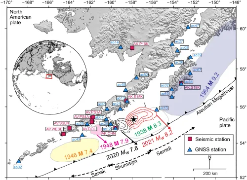 Map of the Aleutian Megathrust zone with GPS stations shown with blue triangles and seismic stations shown with red squares.