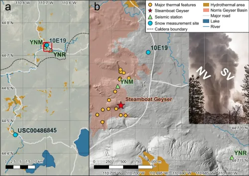 map of location and sensors, with an inset image of geyser erupting into the air
