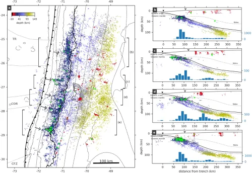 map and cross sections showing locations of earthquakes on the plate boundary