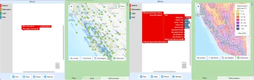 GeoCoder visualization workspace from the seismic hazards module where students use code blocks to visualize GPS velocity vectors (left) and seismic strain rate (right) along the San Andreas Fault.